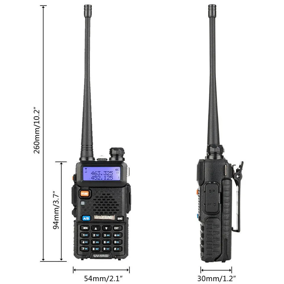 Baofeng UV-5R black handheld walkie talkie with dual antenna and 128 channel LCD screen
