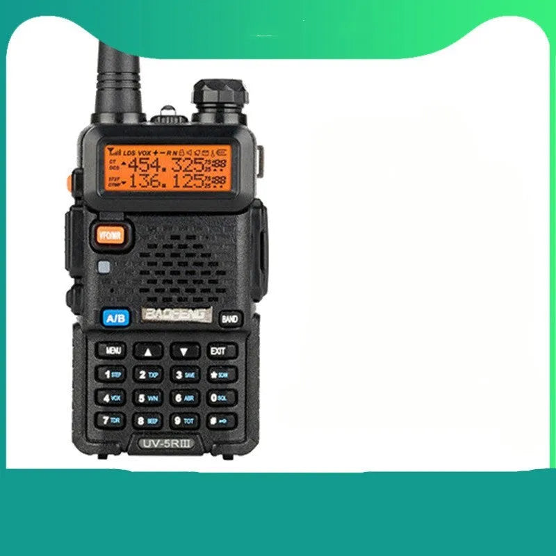 Baofeng UV-5R black handheld walkie talkie with dual antenna and 128 channel LCD screen