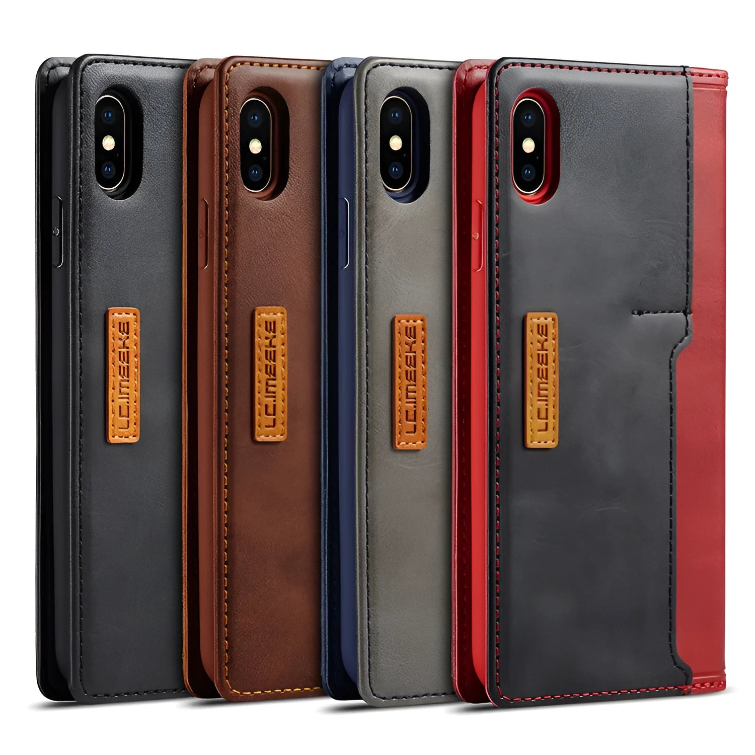 Retro brown leather flip wallet phone case for iPhone, shown open with card slots visible.