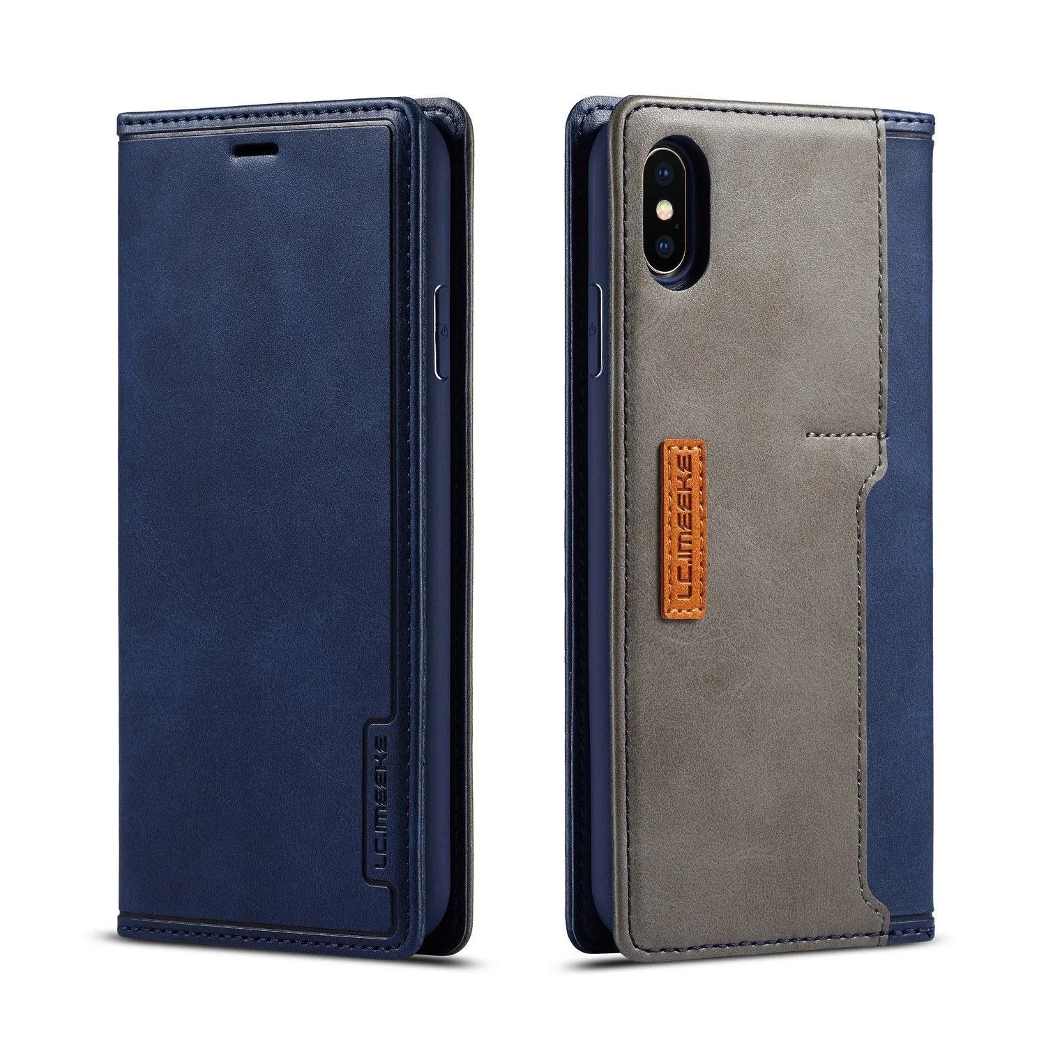 Retro brown leather flip wallet phone case for iPhone, shown open with card slots visible.
