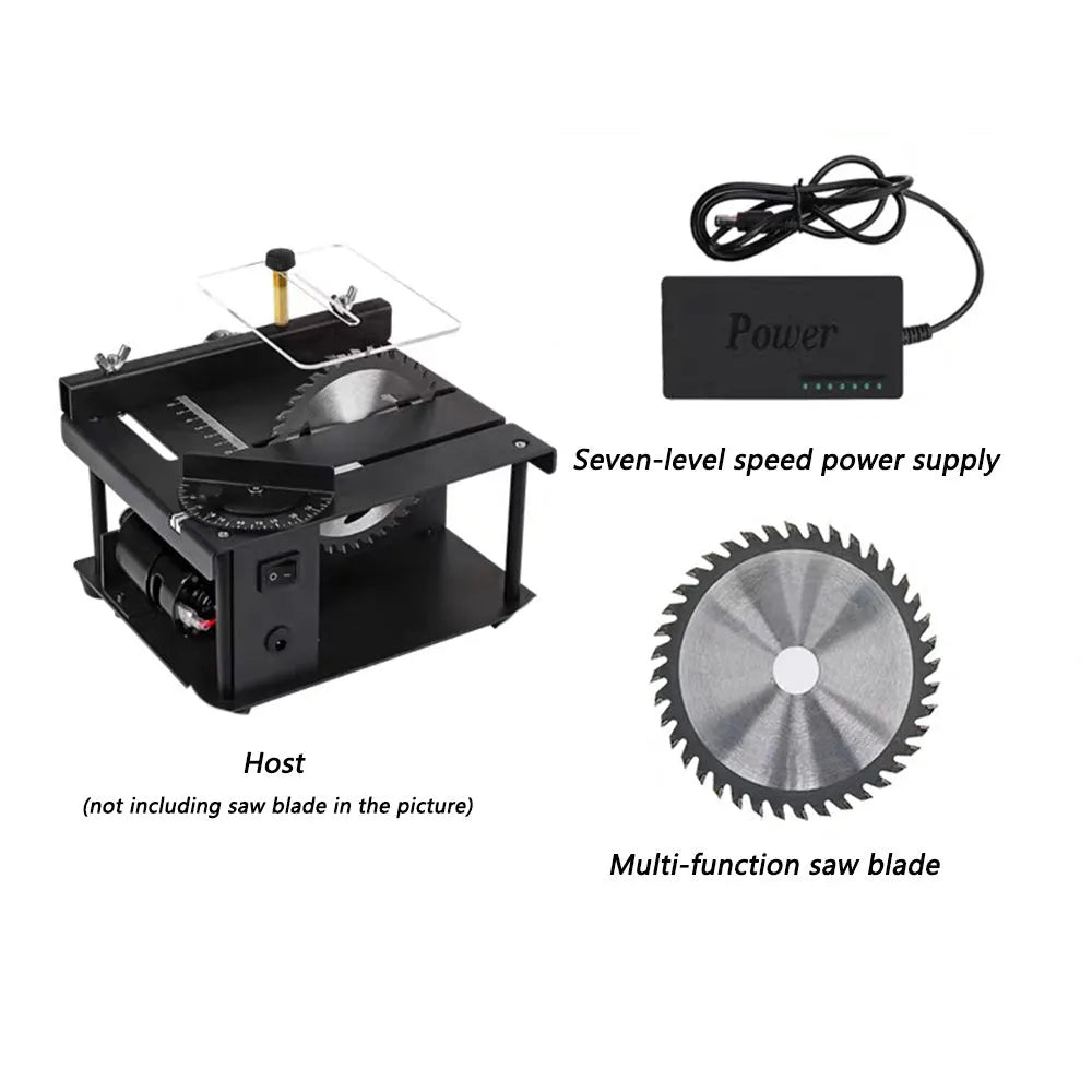 Black miniature precision table saw with sliding mechanism and 110mm blade