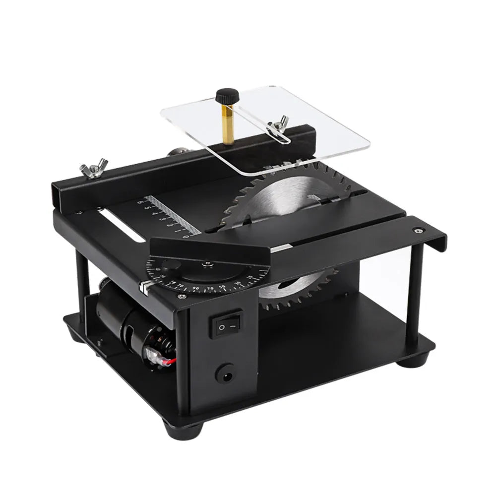 Black miniature precision table saw with sliding mechanism and 110mm blade