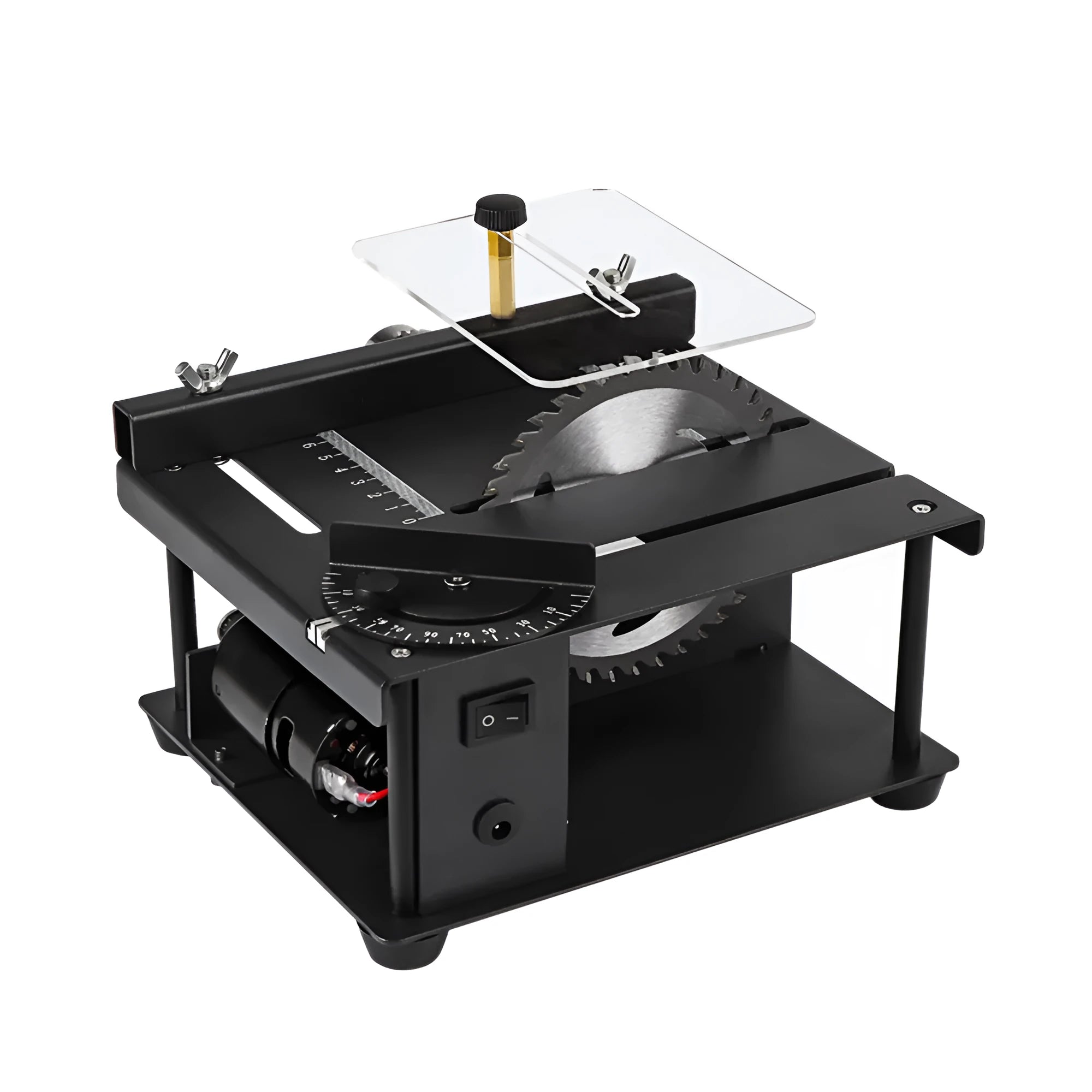 Black miniature precision table saw with sliding mechanism and 110mm blade