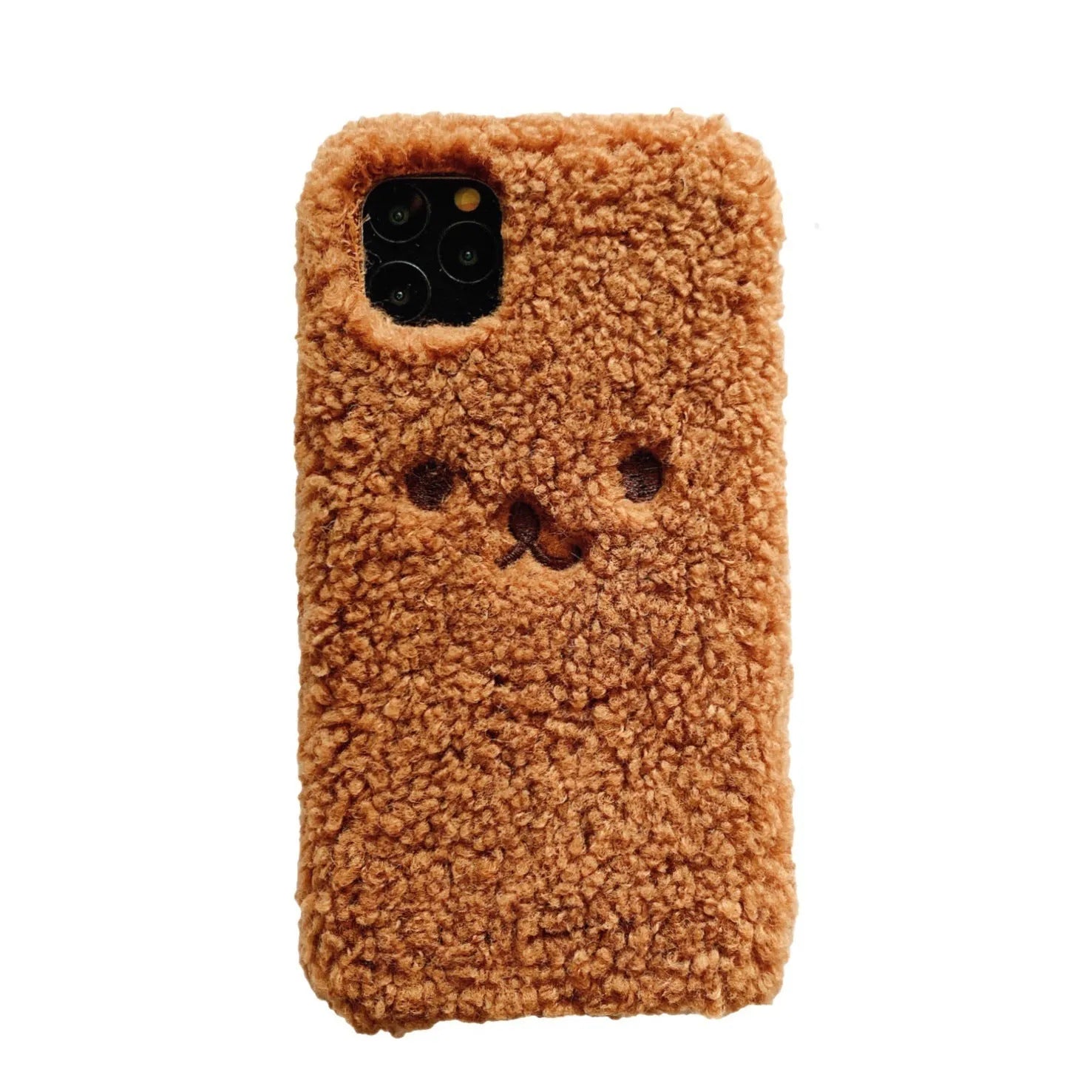 Brown embroidered plush cartoon bear face on a flexible TPU iPhone case.