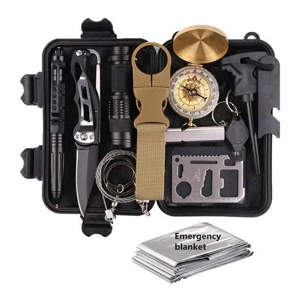 13-piece outdoor survival treasure box with aluminium case containing emergency tools and equipment