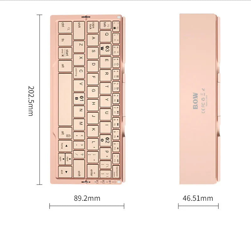 Silver white foldable Bluetooth keyboard open with tablet on stand and closed for pocket storage