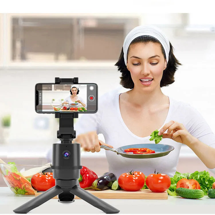 AI tracking smartphone bracket with 360-degree rotation on black stand