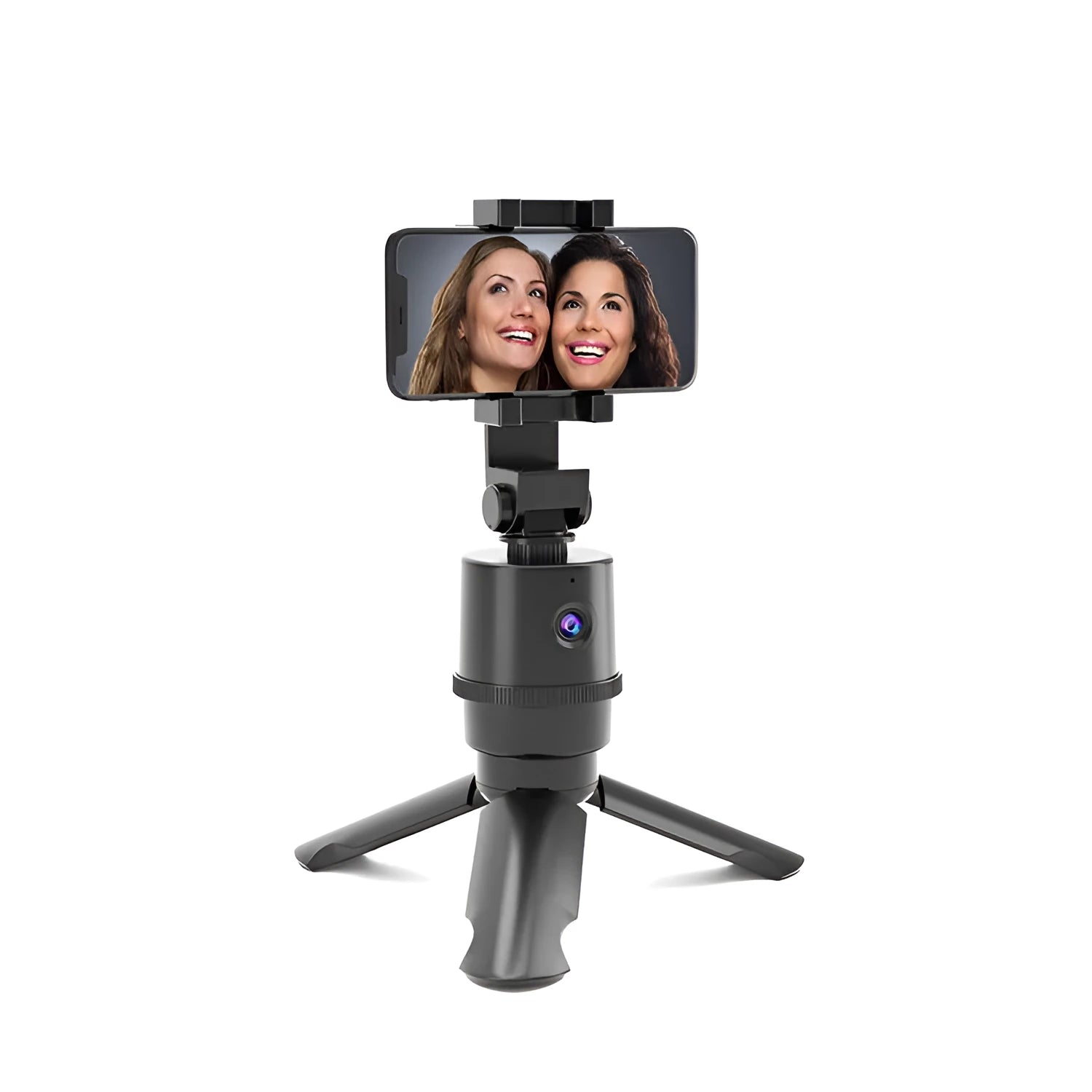 AI tracking smartphone bracket with 360-degree rotation on black stand