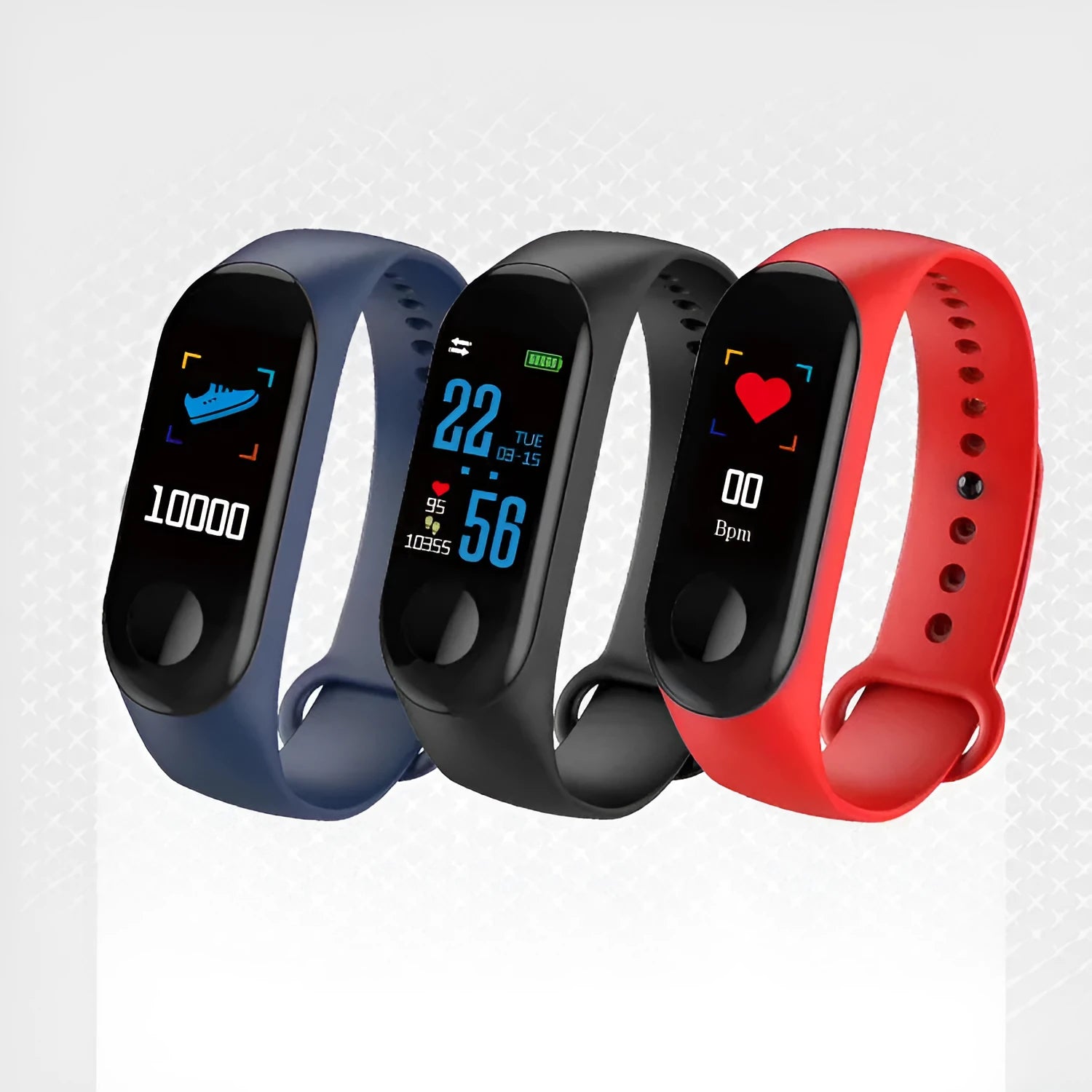 M3 smart bracelet with colour screen showing fitness metrics on a black TPE strap.
