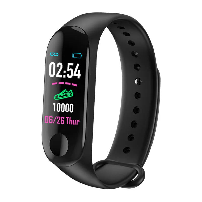 M3 smart bracelet with colour screen showing fitness metrics on a black TPE strap.