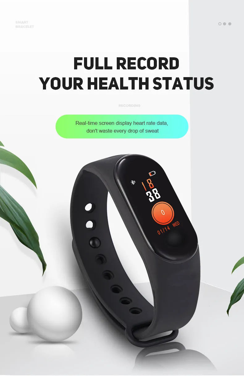M3 smart bracelet with colour screen showing fitness metrics on a black TPE strap.