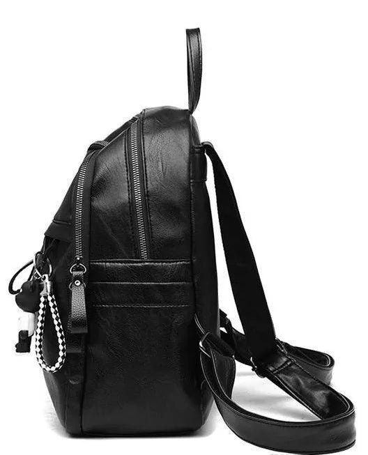 Black soft PU leather backpack with large 35L capacity and double straps