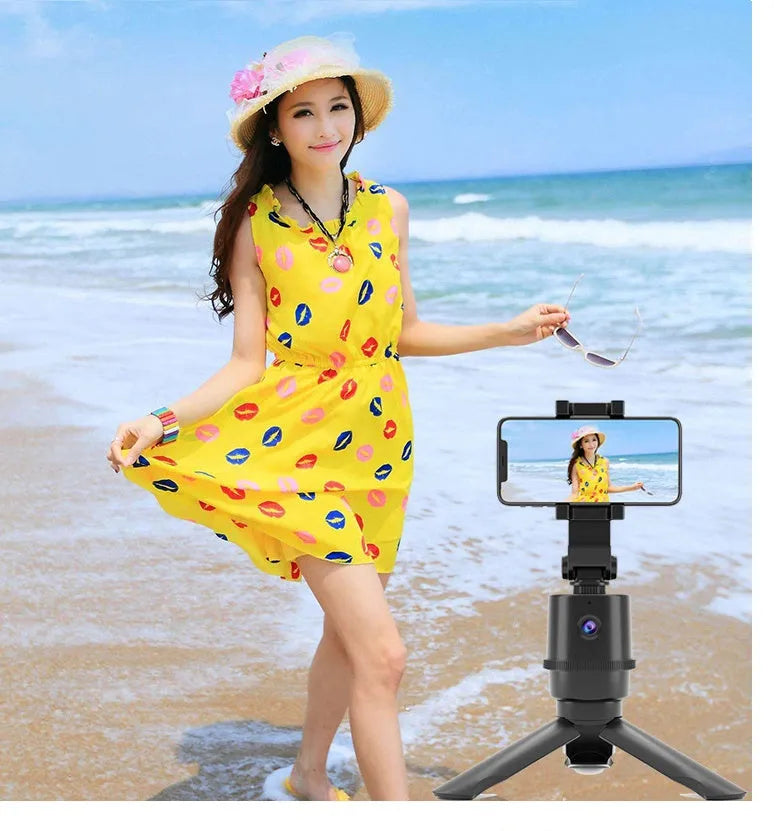 AI tracking smartphone bracket with 360-degree rotation on black stand