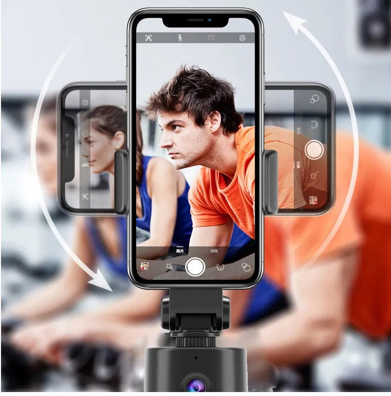 AI tracking smartphone bracket with 360-degree rotation on black stand
