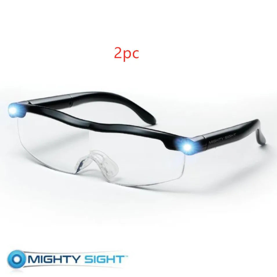 Transparent black reading glasses with a built-in USB LED light panel on the frame.
