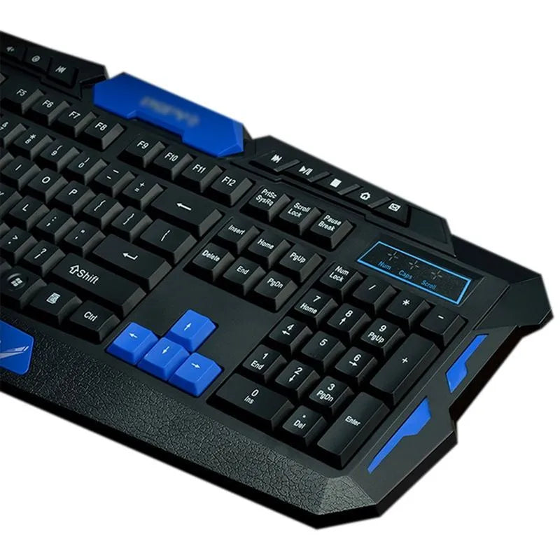 Black and blue wireless keyboard and mouse set on a desk showing its slim profile.