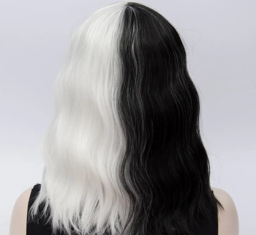 Women's short black and white straight synthetic wig with Qi bangs for cosplay Halloween