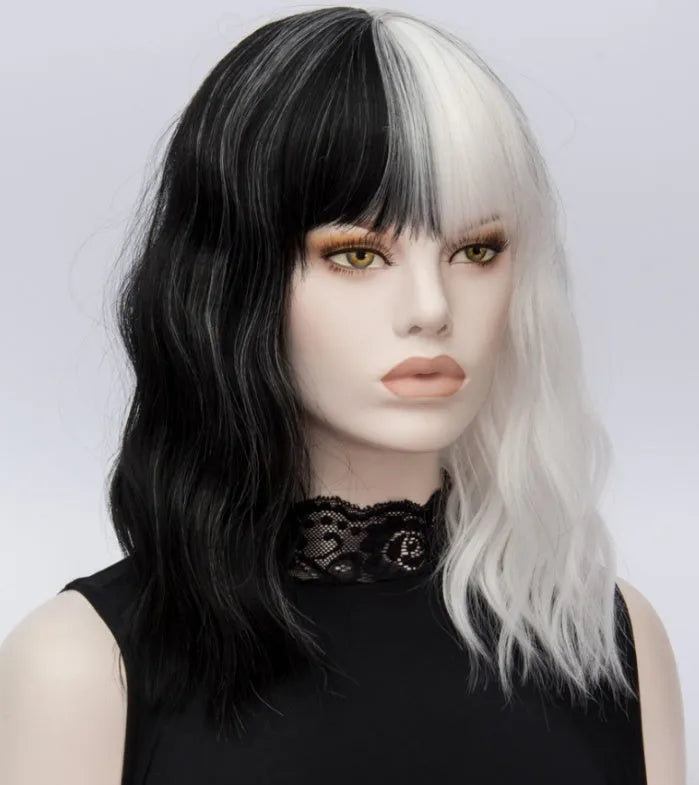 Women's short black and white straight synthetic wig with Qi bangs for cosplay Halloween