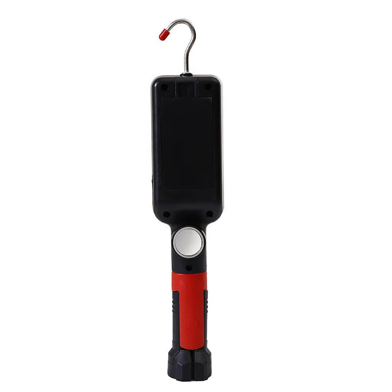 Red COB LED rechargeable flashlight with magnetic hook, measuring 28.8cm long.