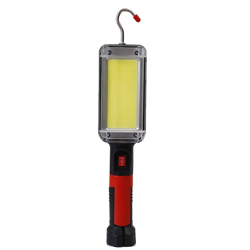 Red COB LED rechargeable flashlight with magnetic hook, measuring 28.8cm long.