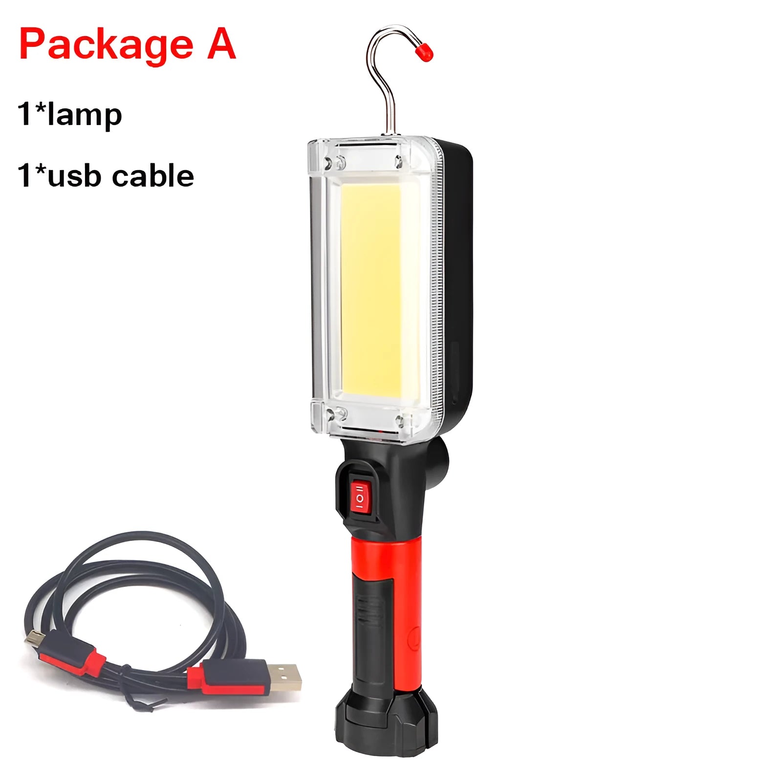 Red COB LED rechargeable flashlight with magnetic hook, measuring 28.8cm long.