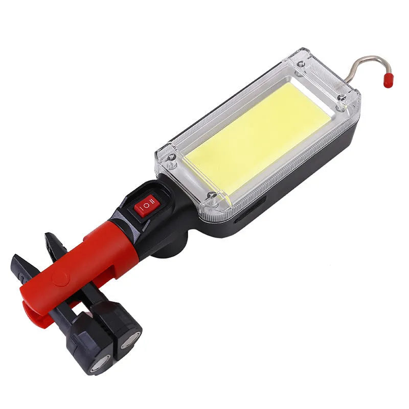 Red COB LED rechargeable flashlight with magnetic hook, measuring 28.8cm long.