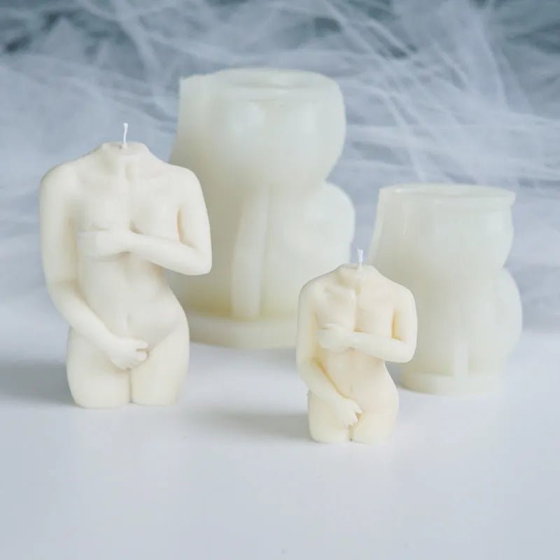 Silicone mould for making candles shaped like a detailed female body, shown in three design variations.