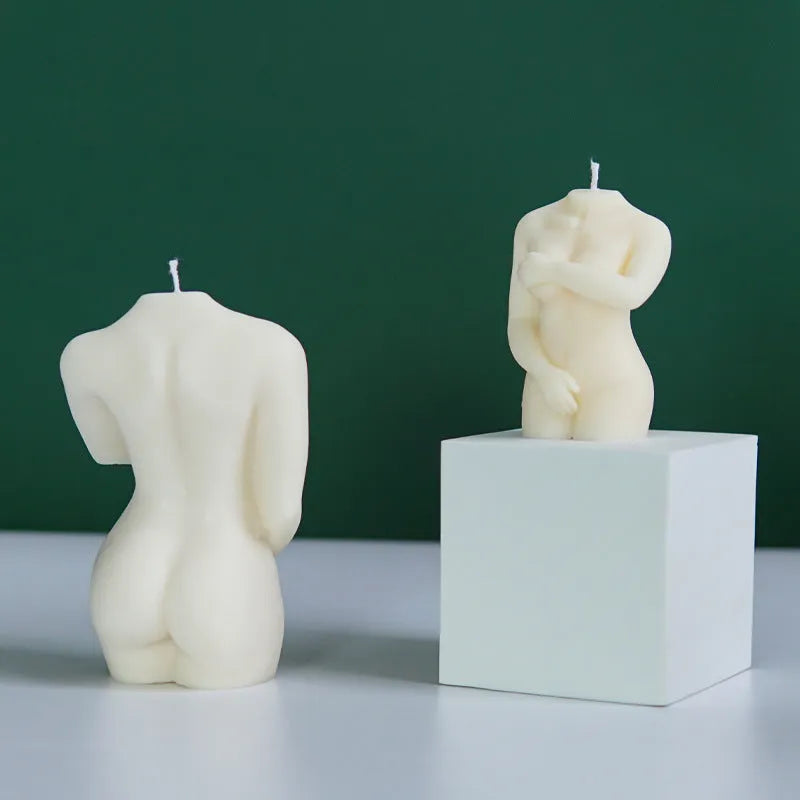 Silicone mould for making candles shaped like a detailed female body, shown in three design variations.