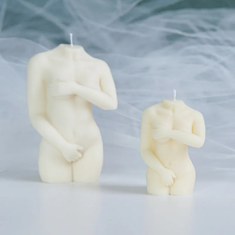 Silicone mould for making candles shaped like a detailed female body, shown in three design variations.