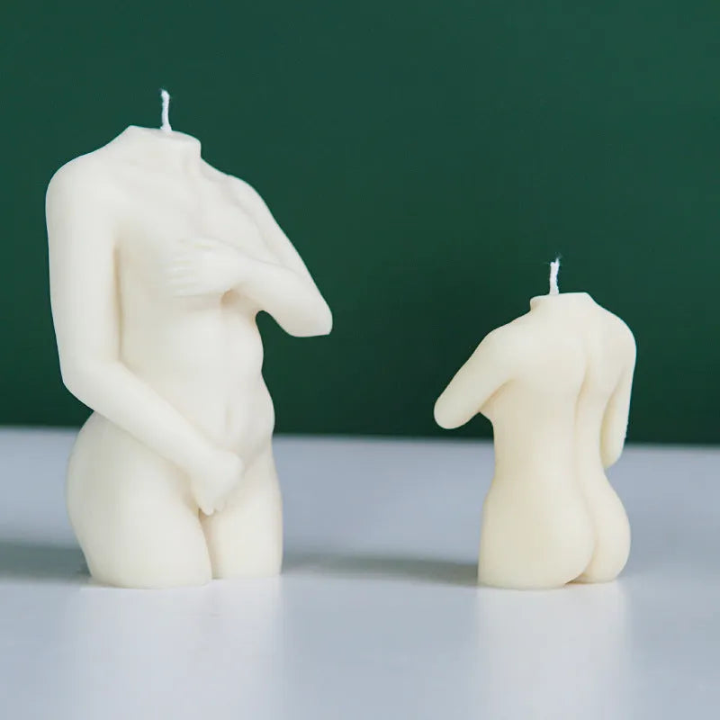 Silicone mould for making candles shaped like a detailed female body, shown in three design variations.