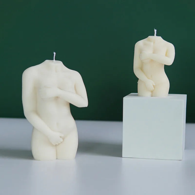 Silicone mould for making candles shaped like a detailed female body, shown in three design variations.