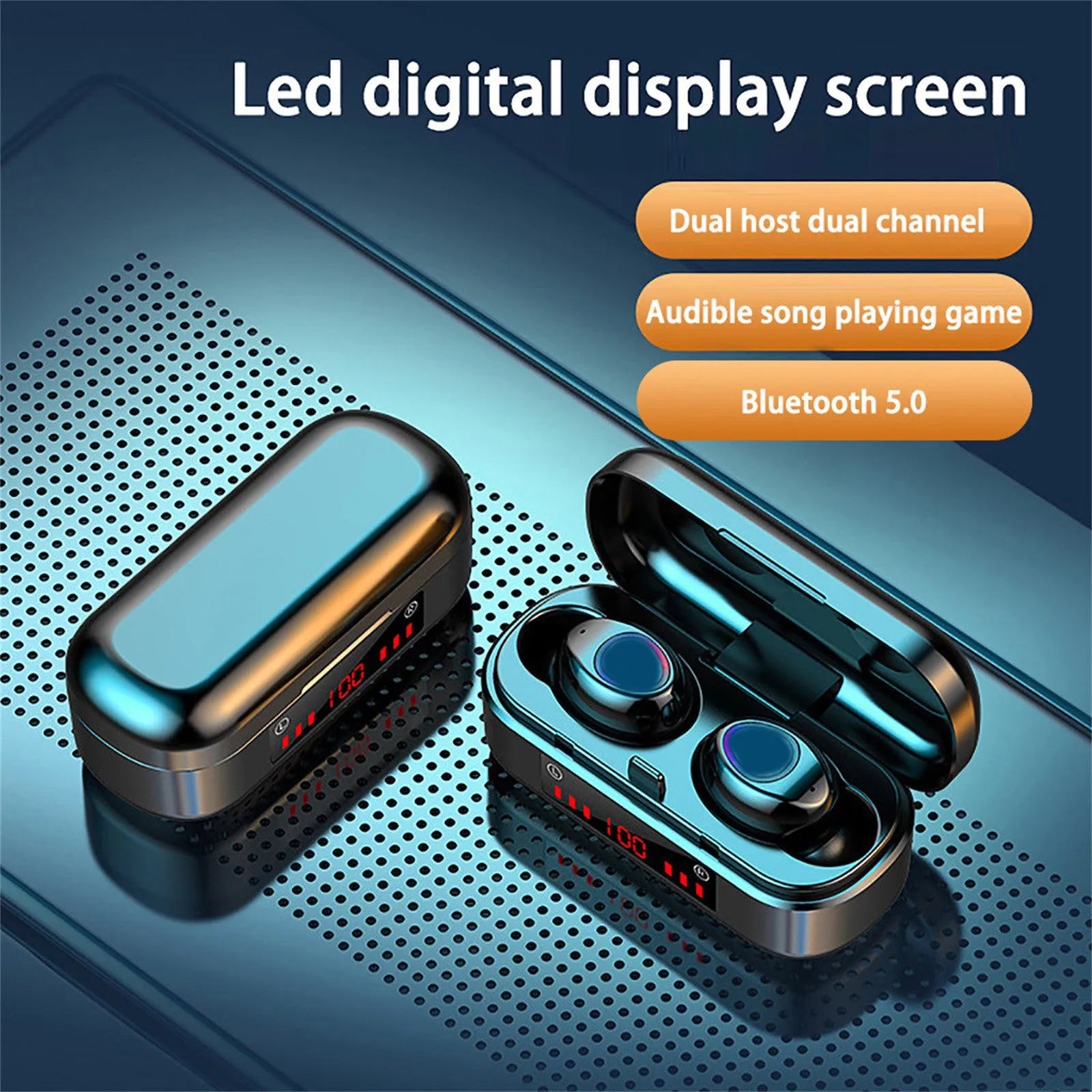 V7 LED button version true wireless Bluetooth earphones with charging case and three silicone ear cap sizes