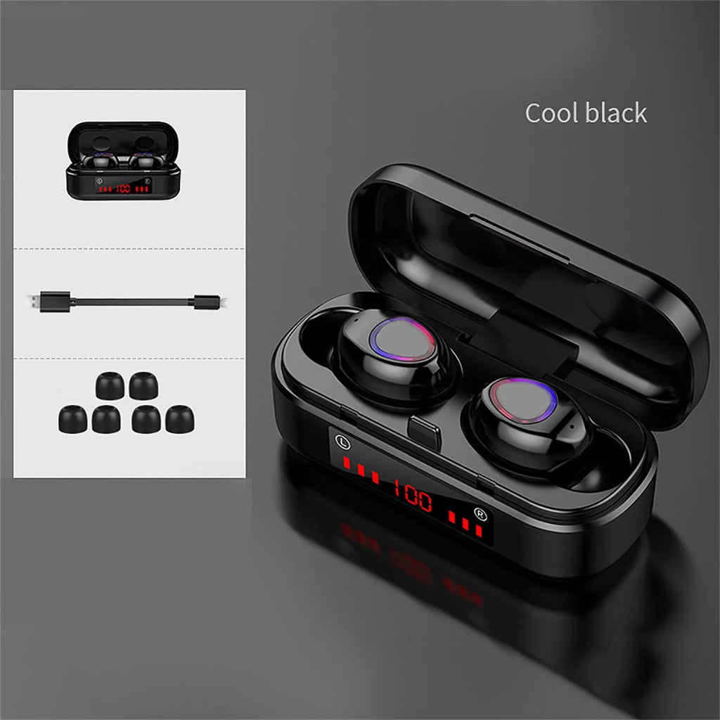 V7 LED button version true wireless Bluetooth earphones with charging case and three silicone ear cap sizes