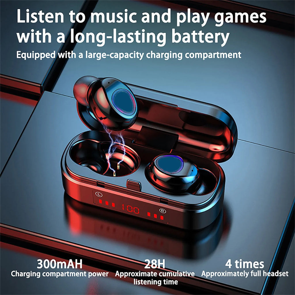 V7 LED button version true wireless Bluetooth earphones with charging case and three silicone ear cap sizes