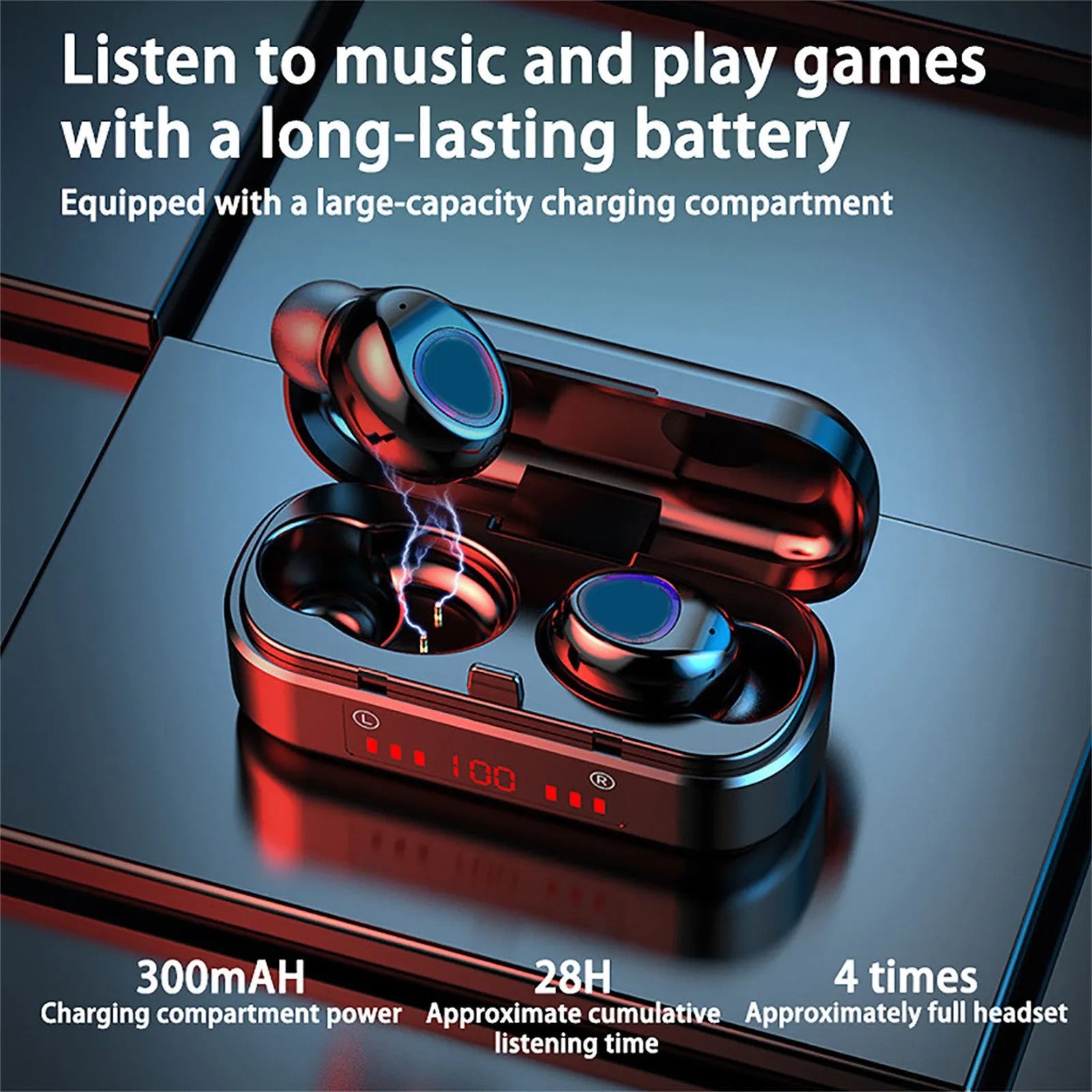 V7 LED button version true wireless Bluetooth earphones with charging case and three silicone ear cap sizes