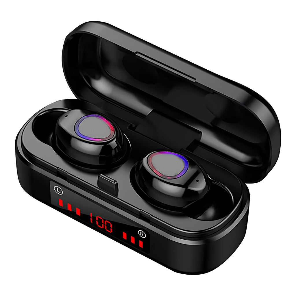 V7 LED button version true wireless Bluetooth earphones with charging case and three silicone ear cap sizes