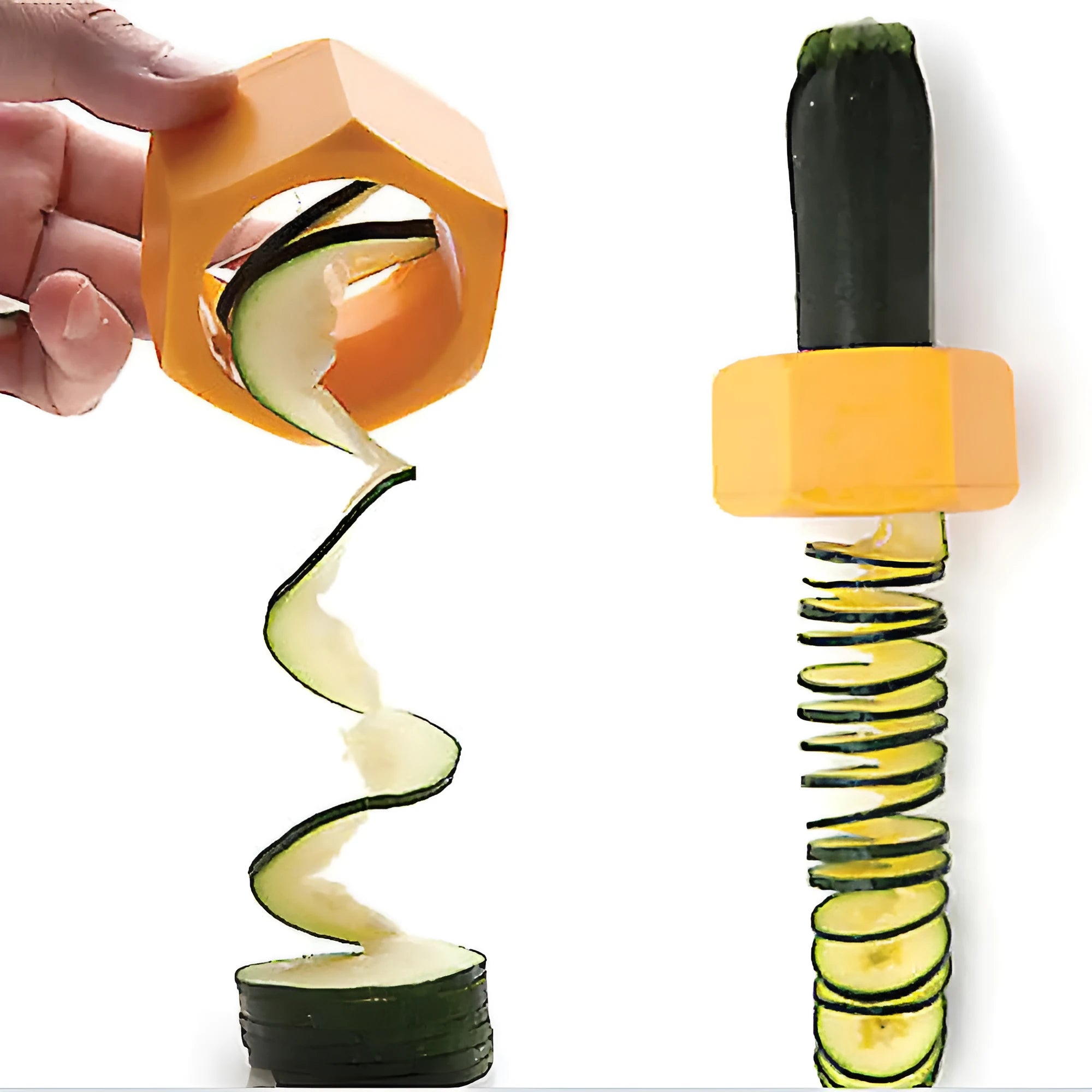 Yellow and green ABS plastic vegetable cutter with spiral mechanism for slicing cucumbers