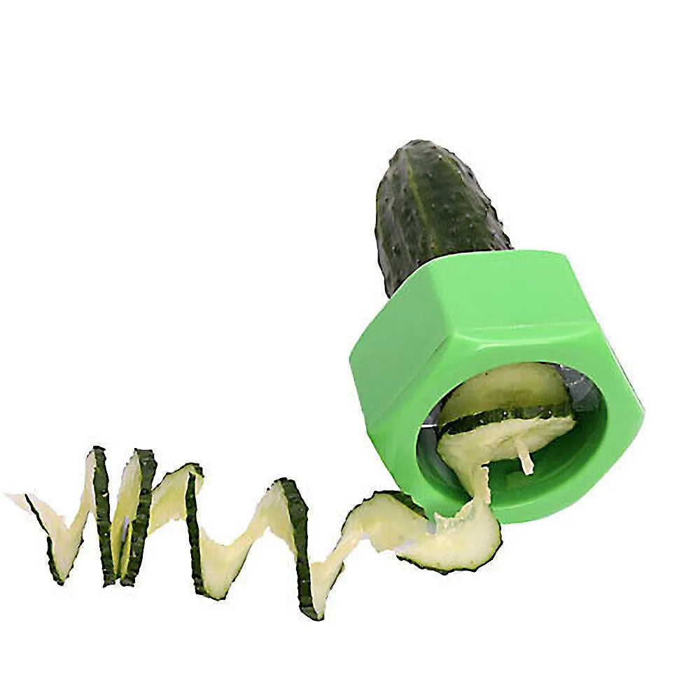 Yellow and green ABS plastic vegetable cutter with spiral mechanism for slicing cucumbers