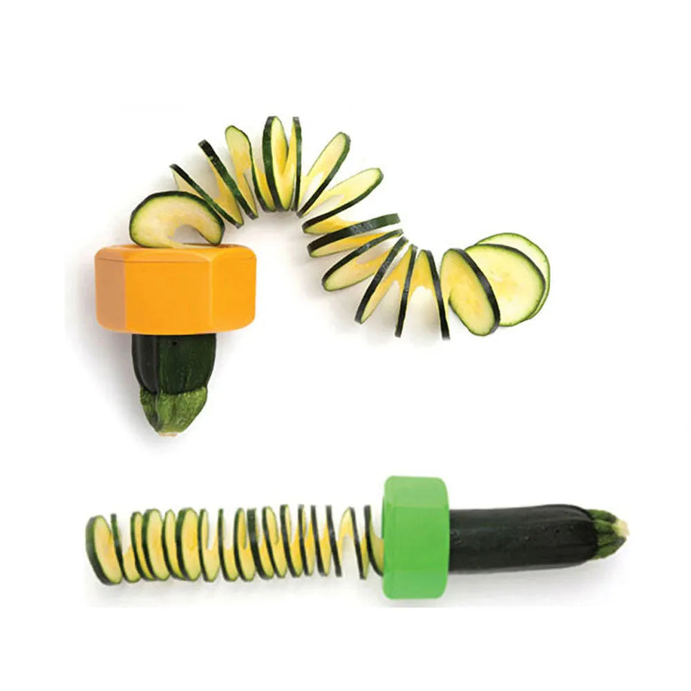 Yellow and green ABS plastic vegetable cutter with spiral mechanism for slicing cucumbers