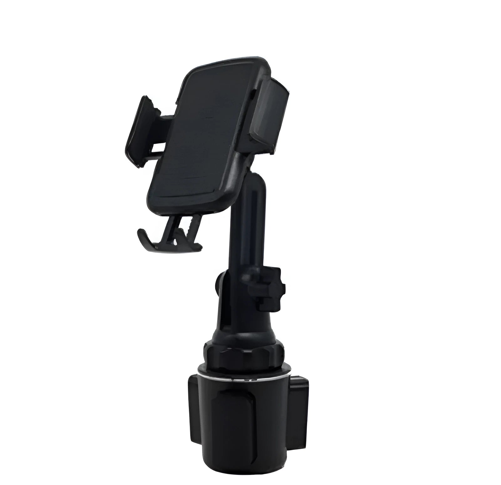 Black ABS plastic car phone holder with adjustable arm and rotation on a car air vent.