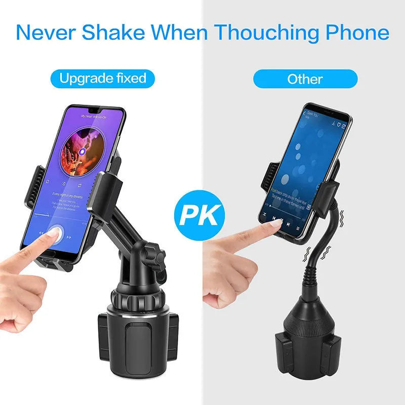 Black ABS plastic car phone holder with adjustable arm and rotation on a car air vent.