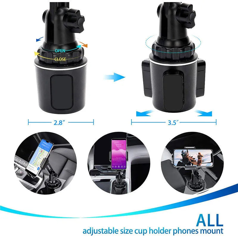 Black ABS plastic car phone holder with adjustable arm and rotation on a car air vent.