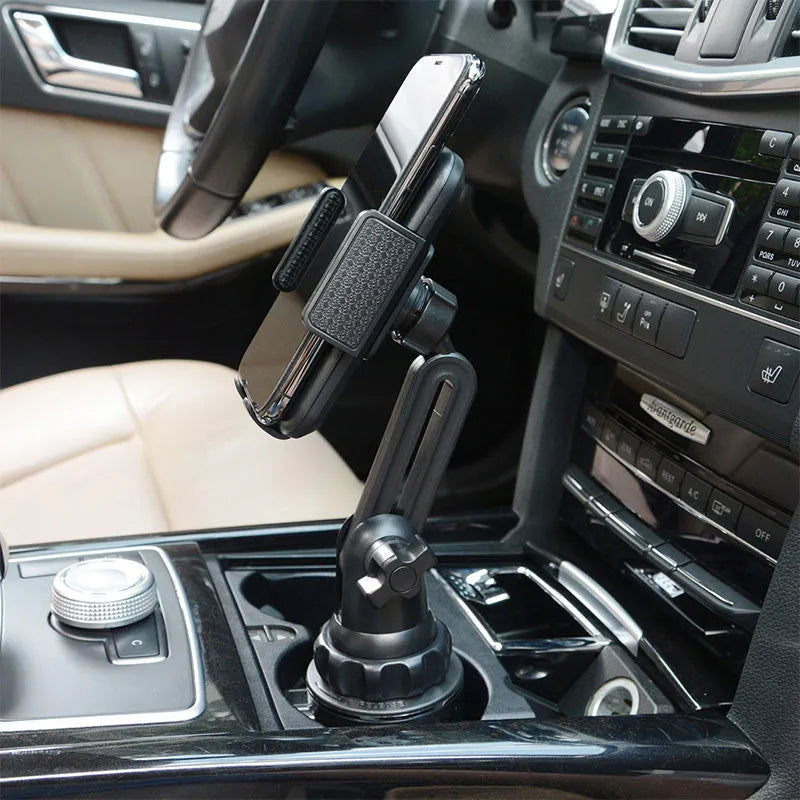 Black ABS plastic car phone holder with adjustable arm and rotation on a car air vent.