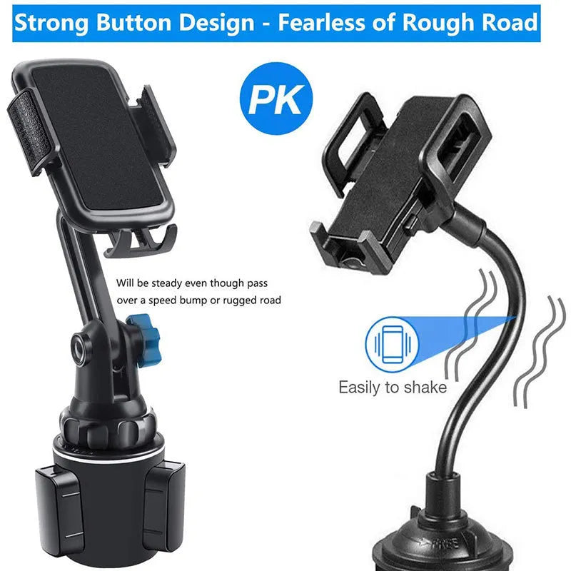 Black ABS plastic car phone holder with adjustable arm and rotation on a car air vent.