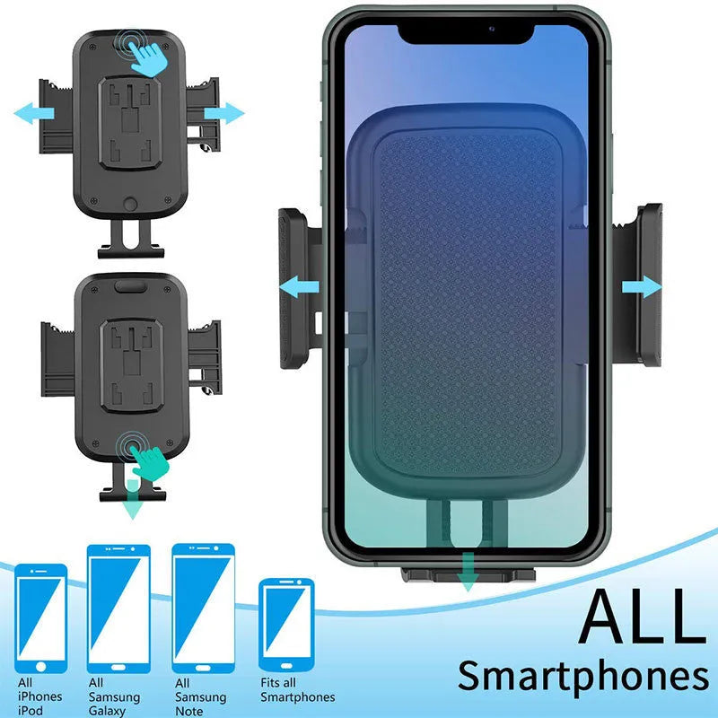 Black ABS plastic car phone holder with adjustable arm and rotation on a car air vent.