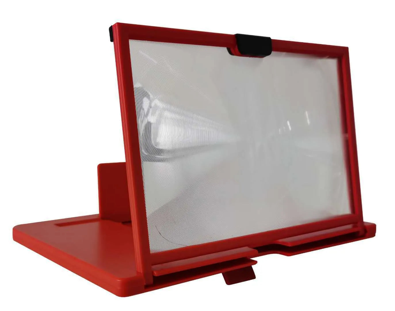 Black desktop mobile phone holder with magnifying glass lens enlarging the screen of a smartphone.