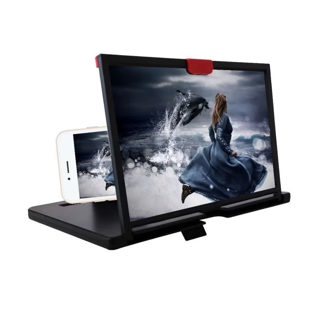 Black desktop mobile phone holder with magnifying glass lens enlarging the screen of a smartphone.