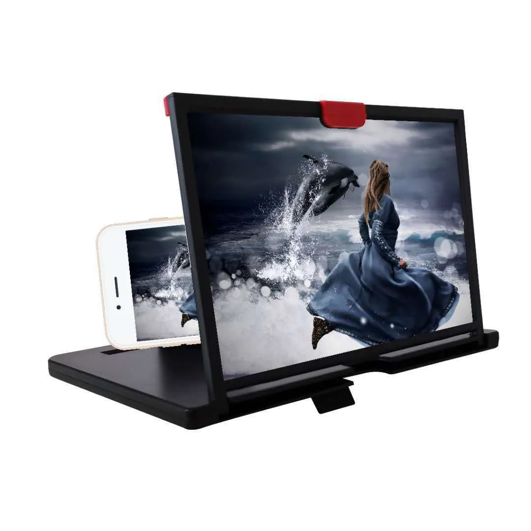 Black desktop mobile phone holder with magnifying glass lens enlarging the screen of a smartphone.