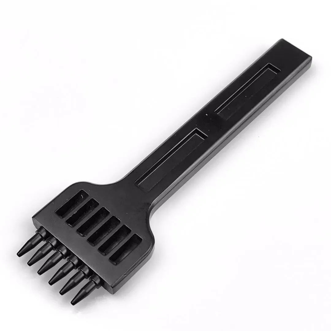 Black leather round hole punch tool showing teeth spacing for manual leathercraft