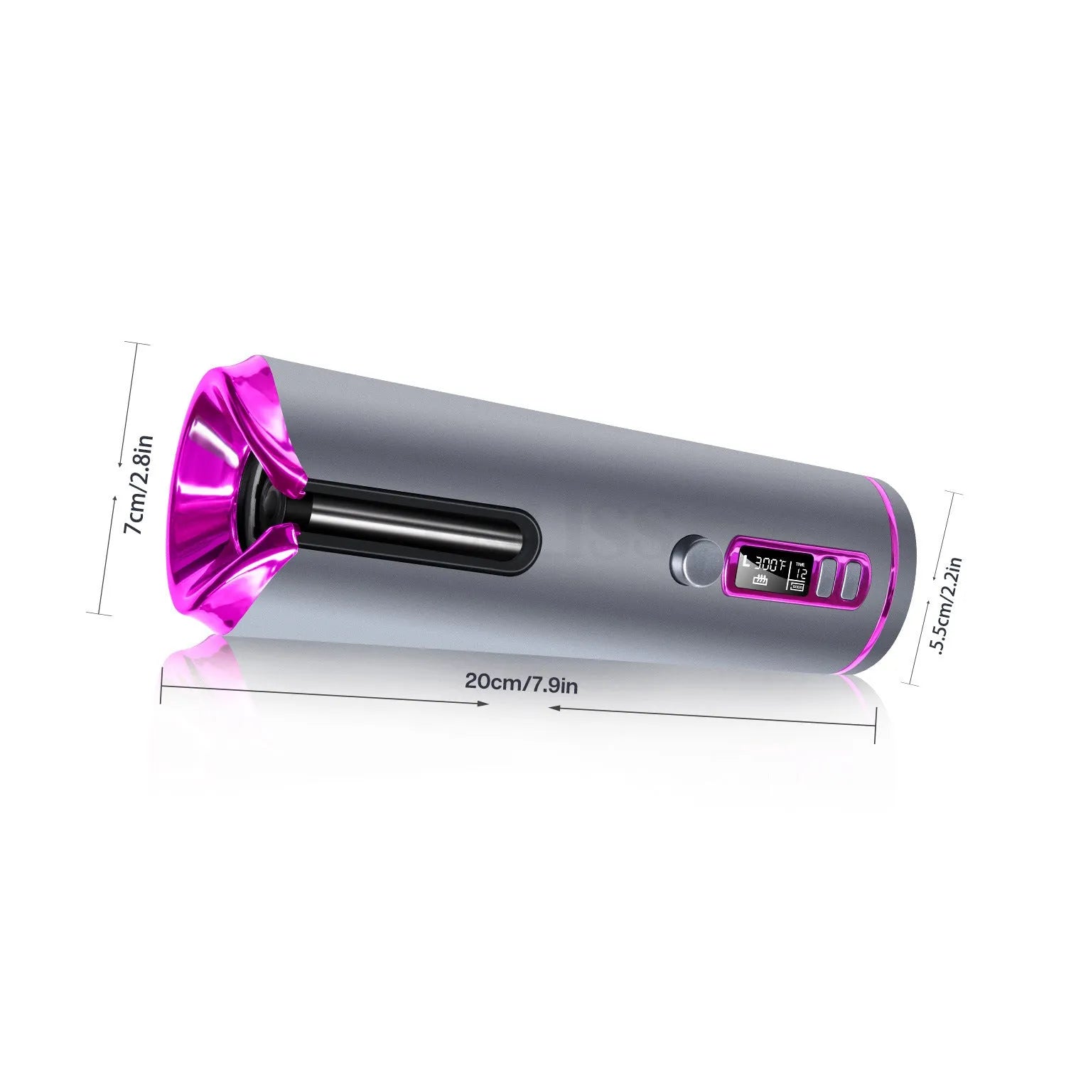 USB charging portable automatic hair curling iron with black and pink body and LCD display